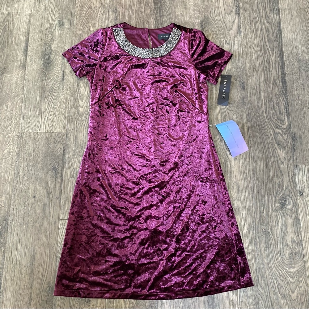 NWT Scarlett wine velvet beaded neckline dress